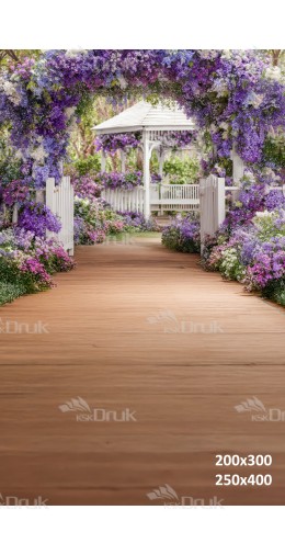 Tło fotograficzne „Kwiecista brama ogrodowa z altaną w tle” | E664